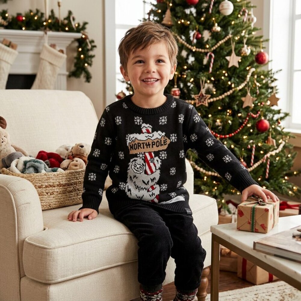 ALEX Stevens Little Boys’ Sloth Pole Sweater, Black Combo, Size 4
